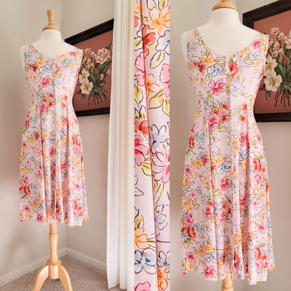 90s Pink Floral Button Front 1990s Vintage Fit & Flare Flowy Midi Length Dress